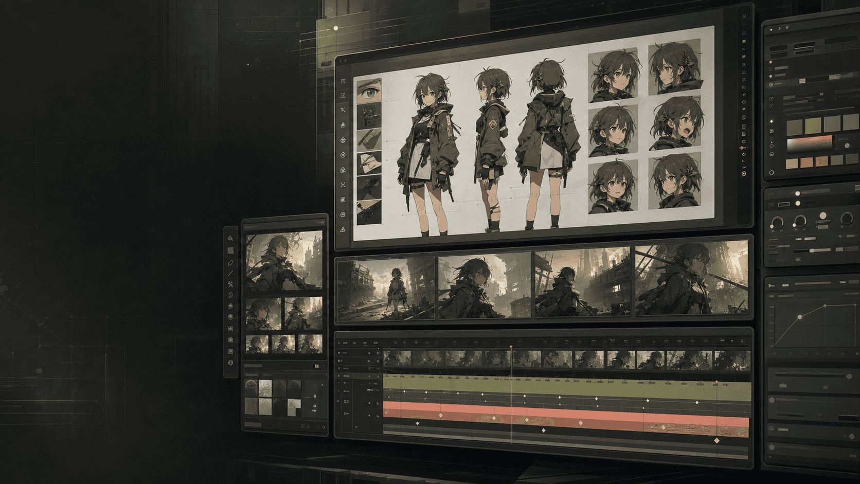 原创二次元角色设定、连续画面、关键帧与视频时间线