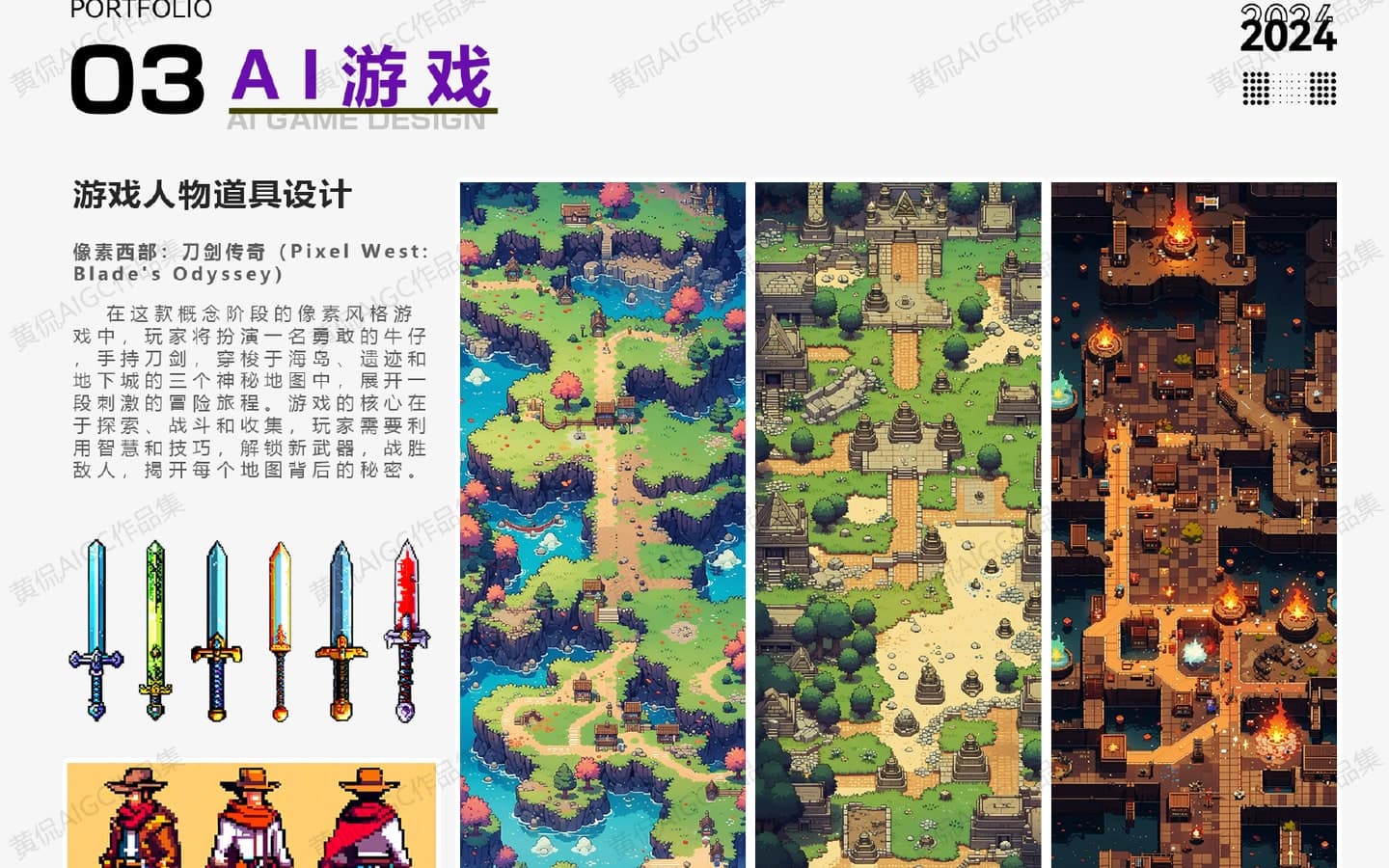 海岛、遗迹和地下三种关卡模式,以及武器和像素角色组成的 AI 游戏概念设计