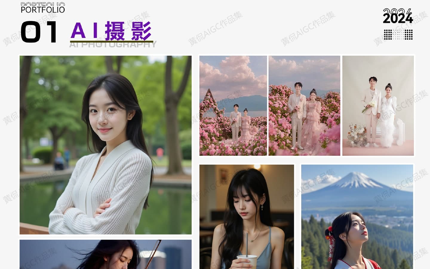 AI 摄影作品集页面,包含人像、婚礼、生活方式和旅行主题的系列画面