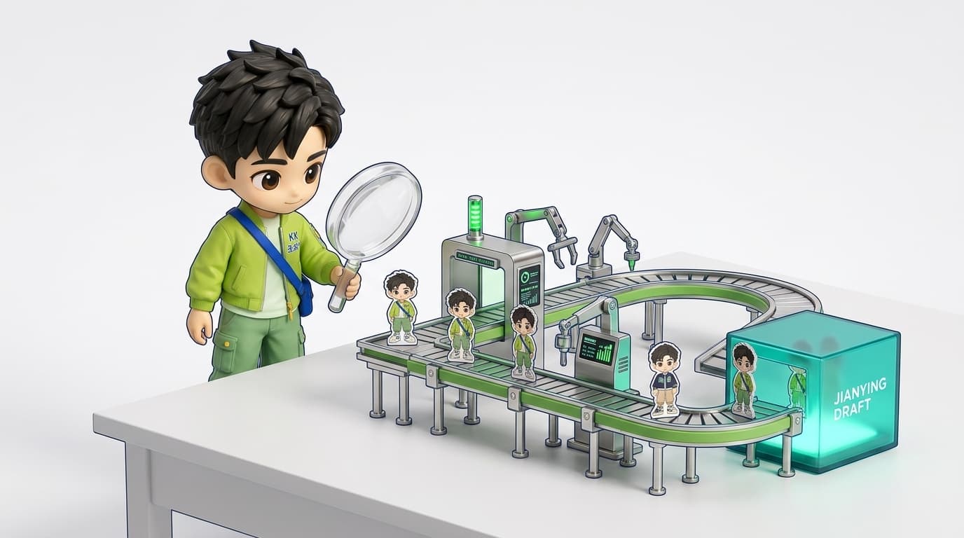 KK 3D 短剧工场:手持放大镜对流水线上的角色立牌一致性逐一核验,直出剪映草稿盒