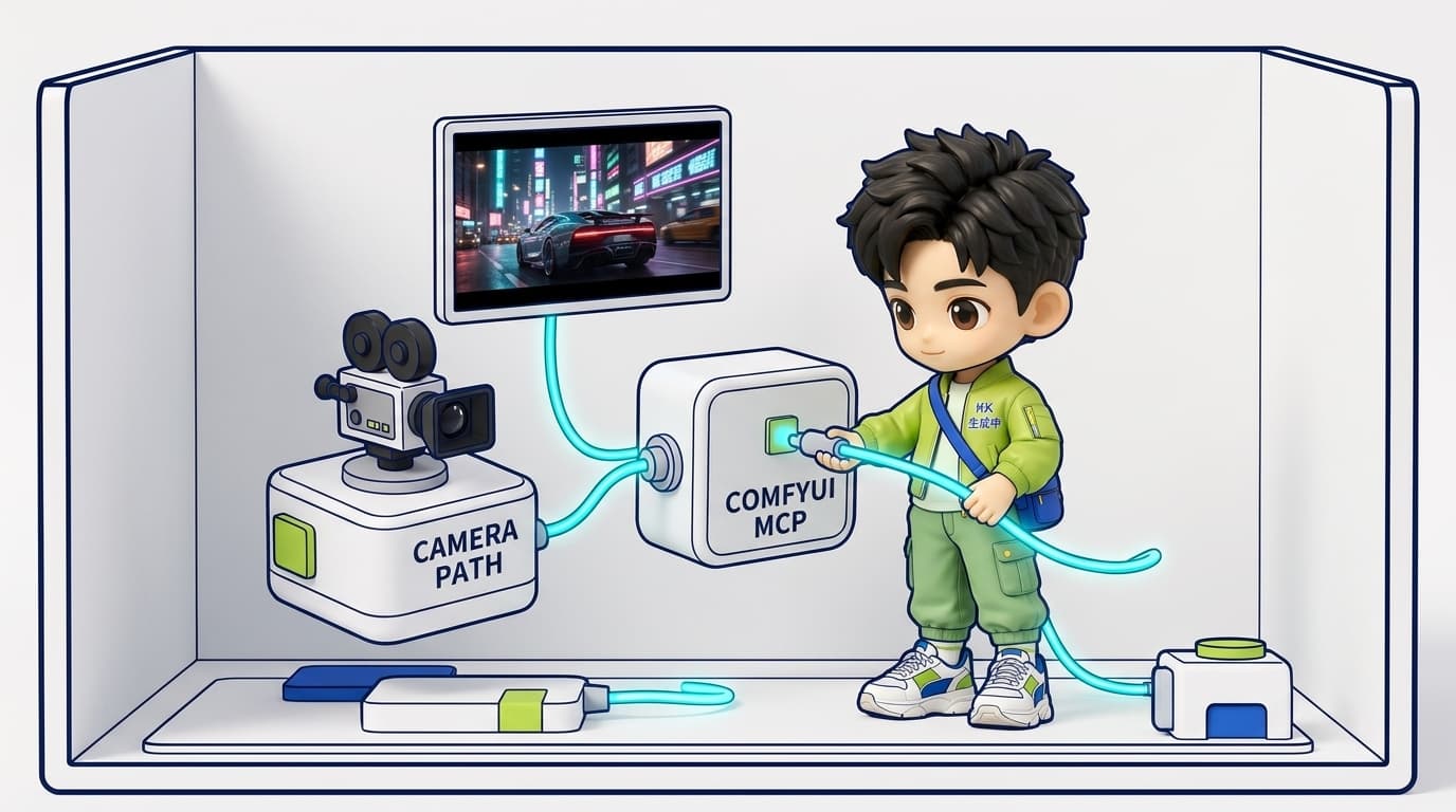 KK 3D 小剧场:手持光缆将摄影机空间轨迹与 ComfyUI-MCP 节点相连