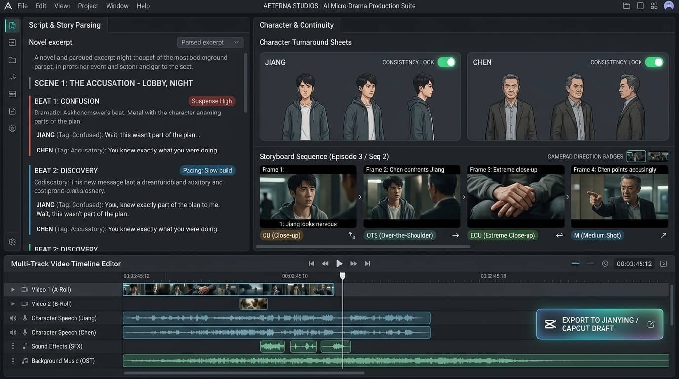 一站式 AI 短剧工业化流水线纯 UI 模拟界面:小说解析、角色定妆表、分镜矩阵与剪映多轨时间轴